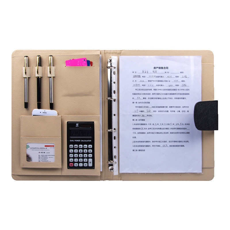 PU Läder A4 Ringpärm Portfolio Mapp Med Kalkylator