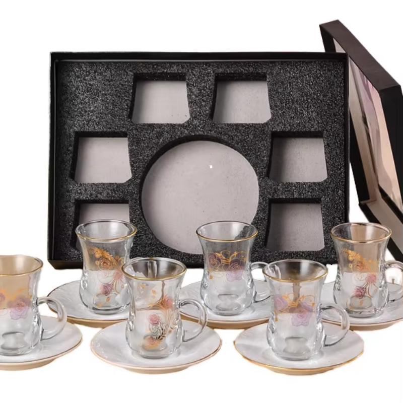 Guld blommig kant glas tekopp presentförpackning Set för Hem Tea Party