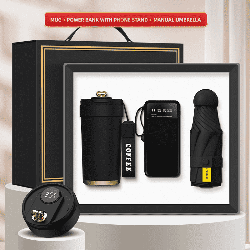 Anpassad logotyp 3-i-1 presentförpackningsmugg Power Bank miniparaply